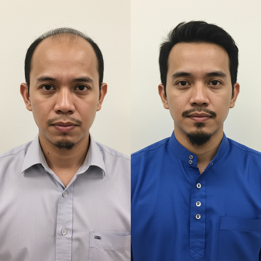 Seorang lelaki Malaysia sebelum dan selepas memakai sistem rambut, dia mempunyai rambut yang menipis sebelum memakai sistem rambut, selepas memakainya dia menjadi rambut yang lebih berisi.